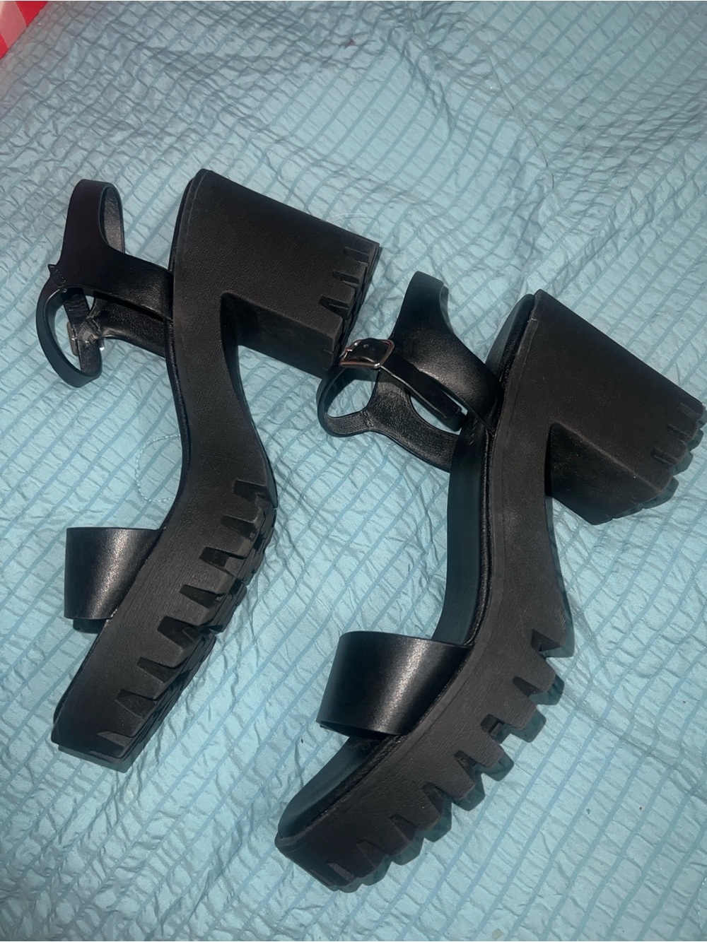 Madden Girl Black Chunky Lug-Heel Ankle Strap Sandals
